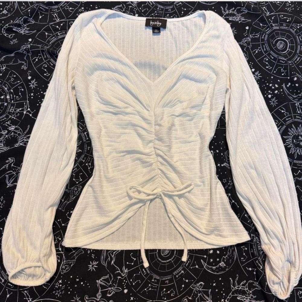 By & By Ribbed Ruched White Top XS | Coquette Long Sleeve Layering Blouse